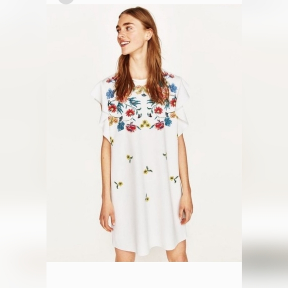 Zara white floral flare short sleeve dress size small - Picture 2 of 16
